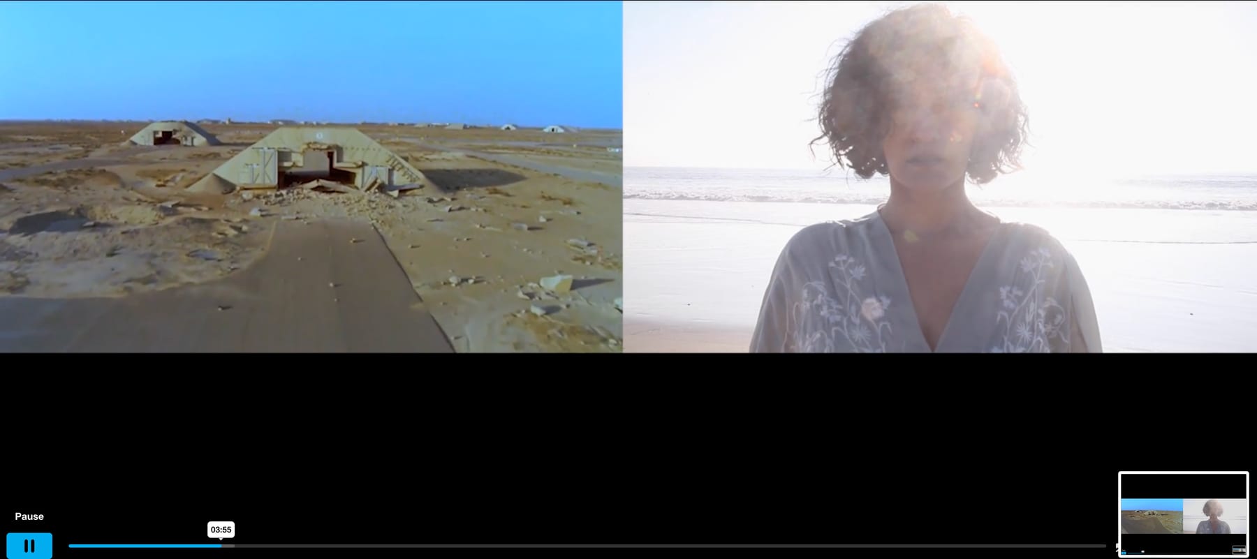 Two-channel video still: a desert encampment beside a figure at the shoreline — At the Edge of the Sea