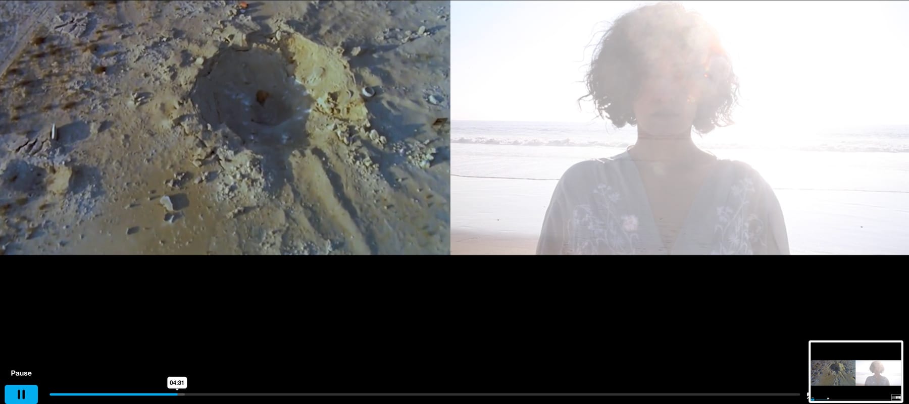 Green water and a low coastline in two-channel projection — At the Edge of the Sea